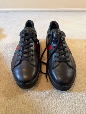 Gucci Black Leather Sneakers with Red & Green Web Stripe